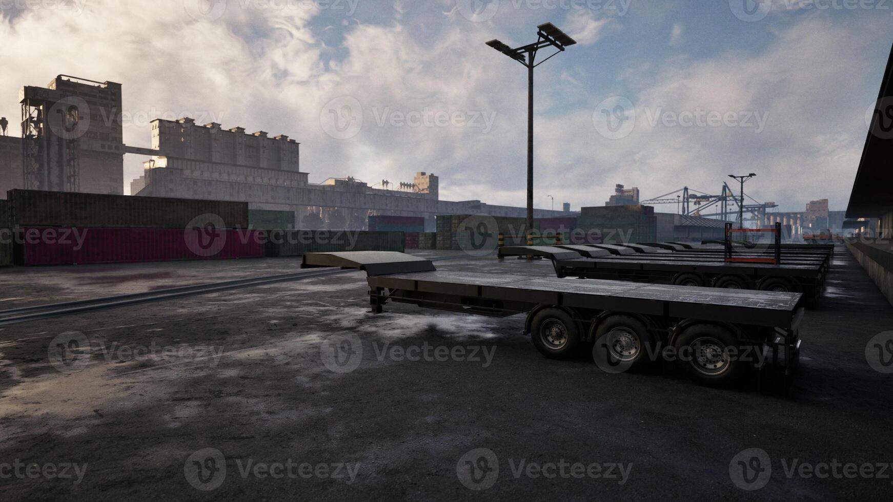 Parked Flatbed Trailer in Parking Lot photo