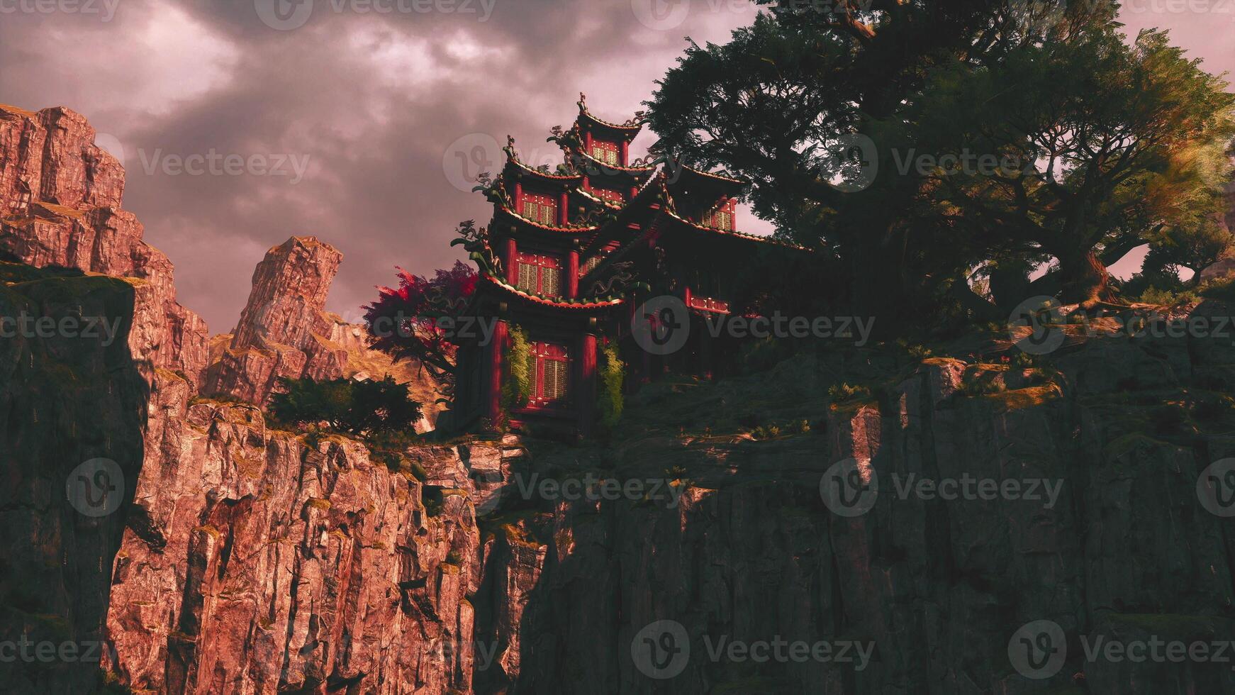 Serene Asian temple nestled in mountains during twilight hour photo