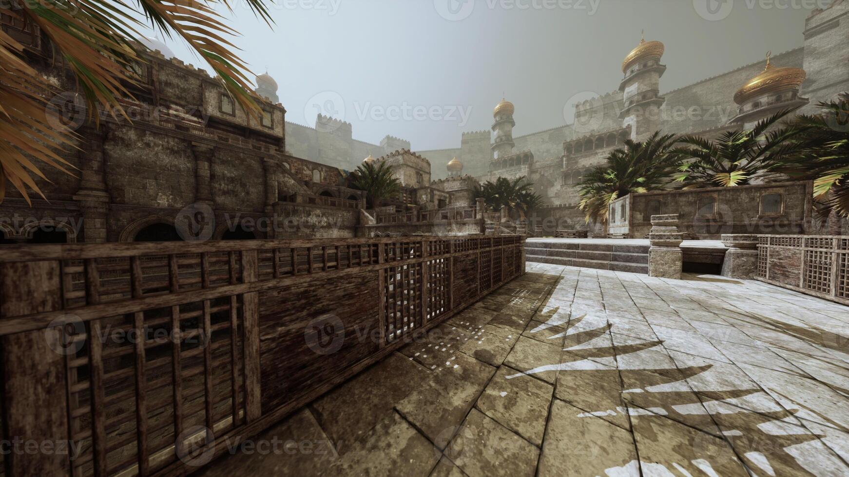 Exploring the ruins of an ancient city with grand architecture and palm trees photo