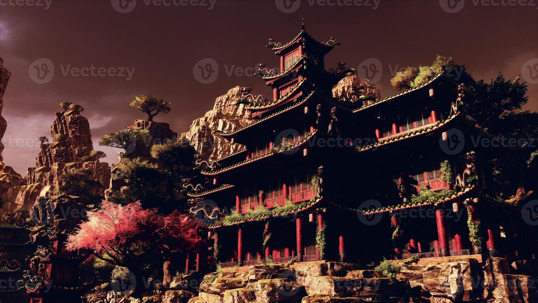 Majestic Asian temple nestled in mountainous landscape at sunset photo
