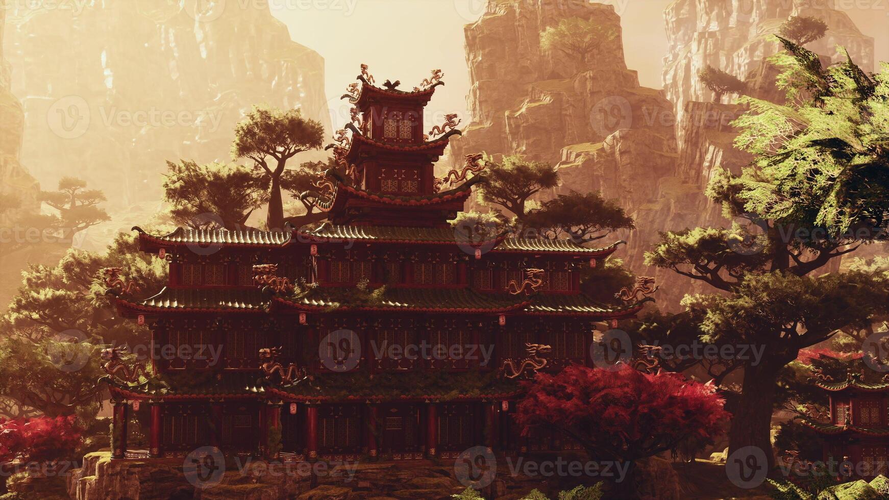 Serene Asian temple nestled in majestic mountains during sunset hours photo