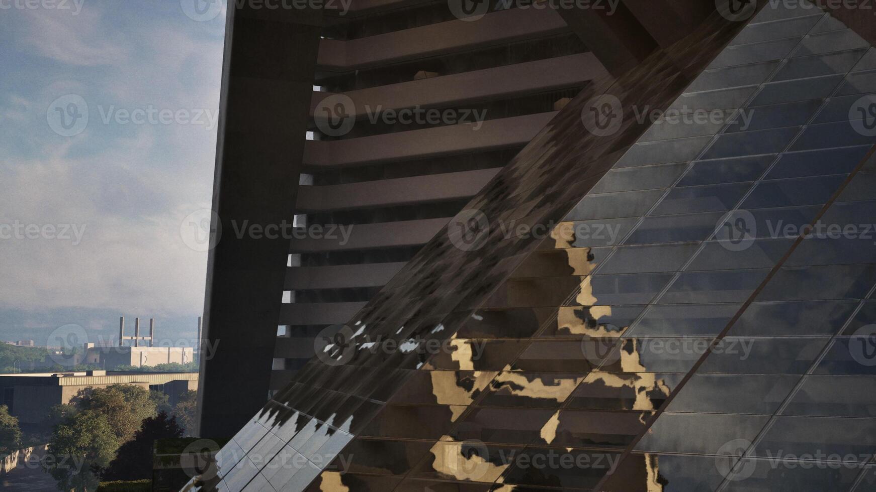 A skyscraper with a towering structure in the distance photo