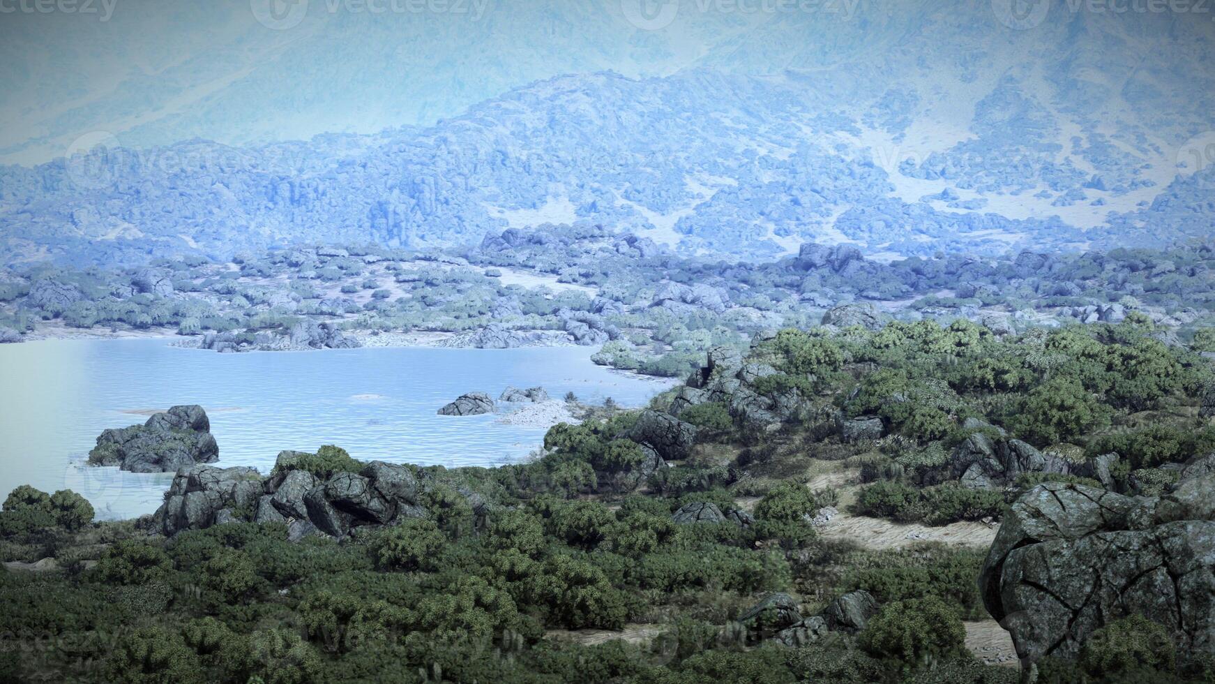 A serene lake nestled amidst a picturesque forest photo