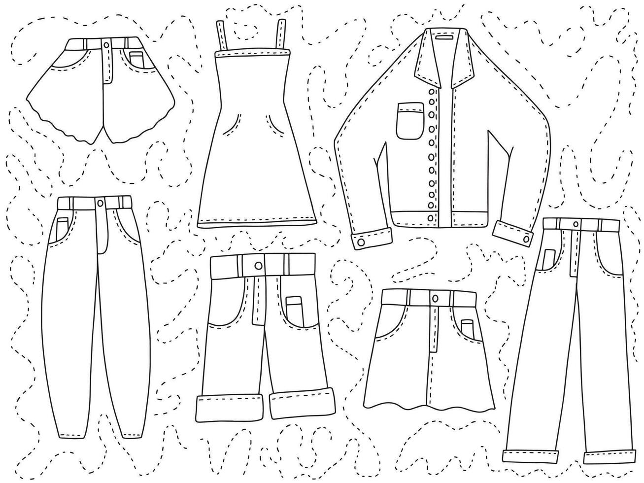 Denim clothes doodle set. Hand drawn denim jean pants, skirts, dress and shirt vector