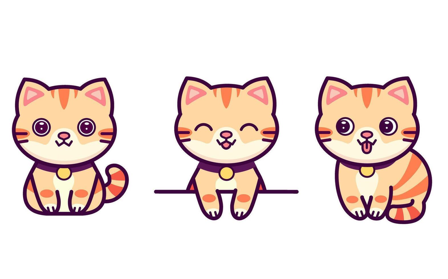 Cute cats set. Kawaii at or fluffy kitten character, different poses. Design illustration for sticker, comic, fabric, wallpaper, wrapping paper, textile vector
