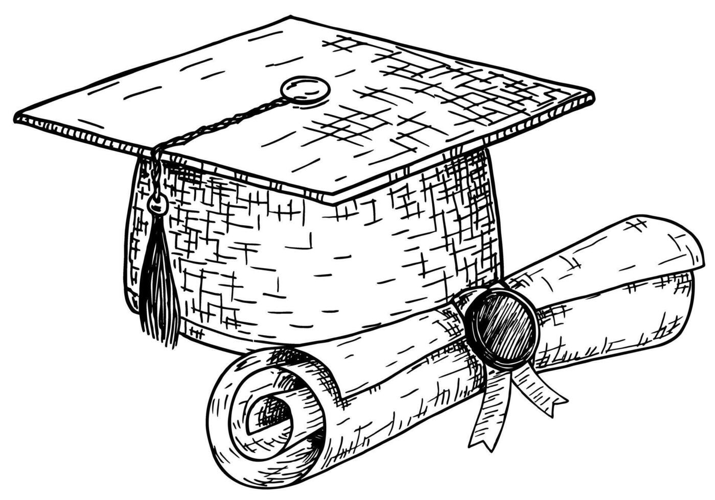 Graduation convocation cap hat and degree. Graduation cap and diploma sketch vector