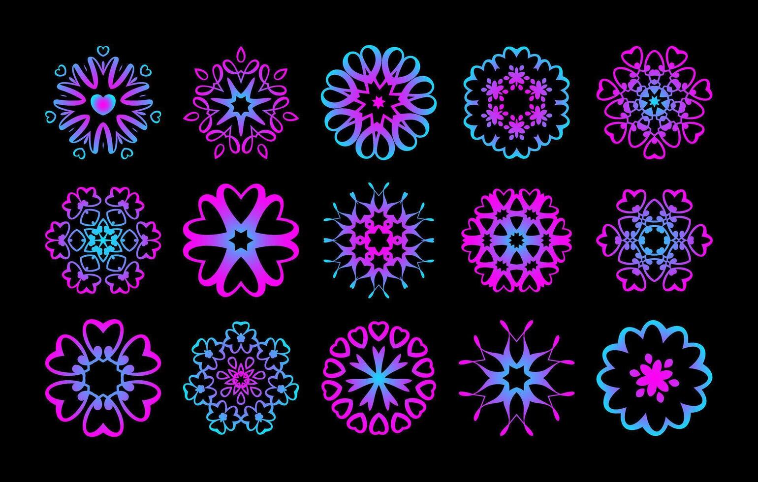 Abstract pattern elements set with heart, star, and floral shapes in neon pink and blue on black background, perfect for patterns, designs, prints, and decorations vector