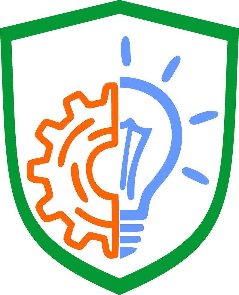A green and orange shield with a light bulb and gear vector