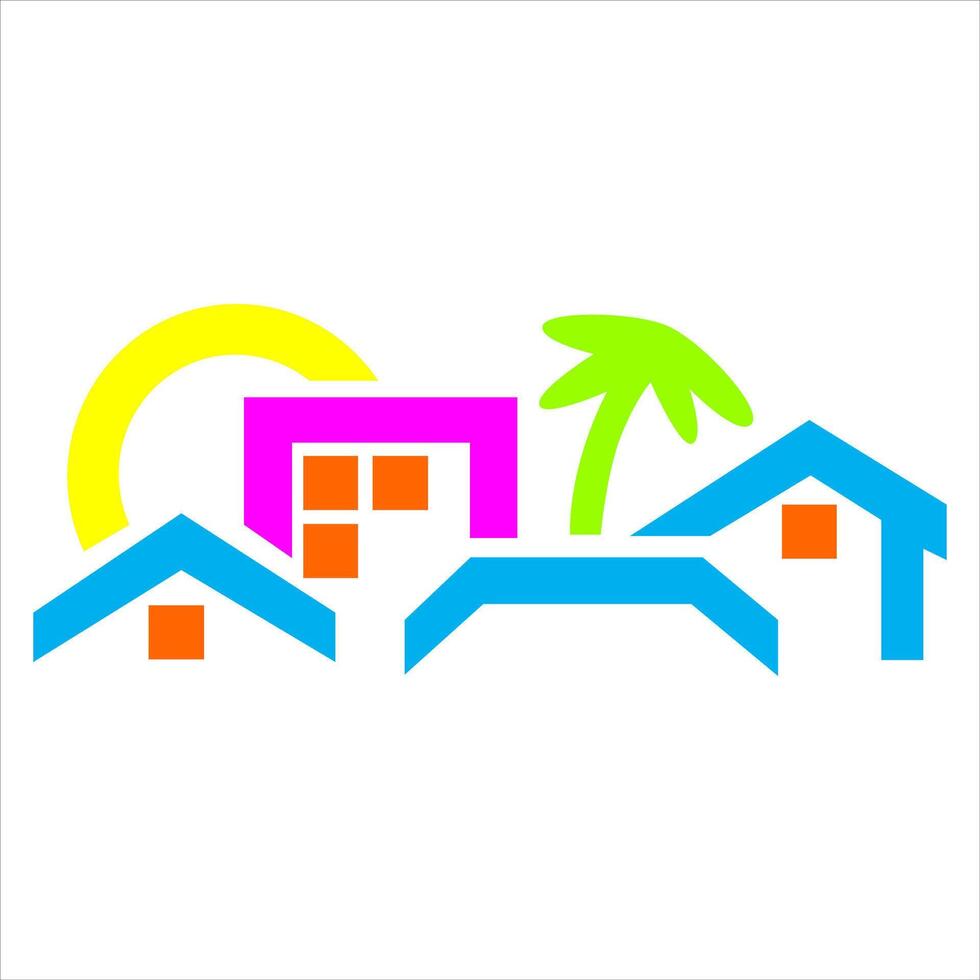 Colorful houses with palm trees and sun vector