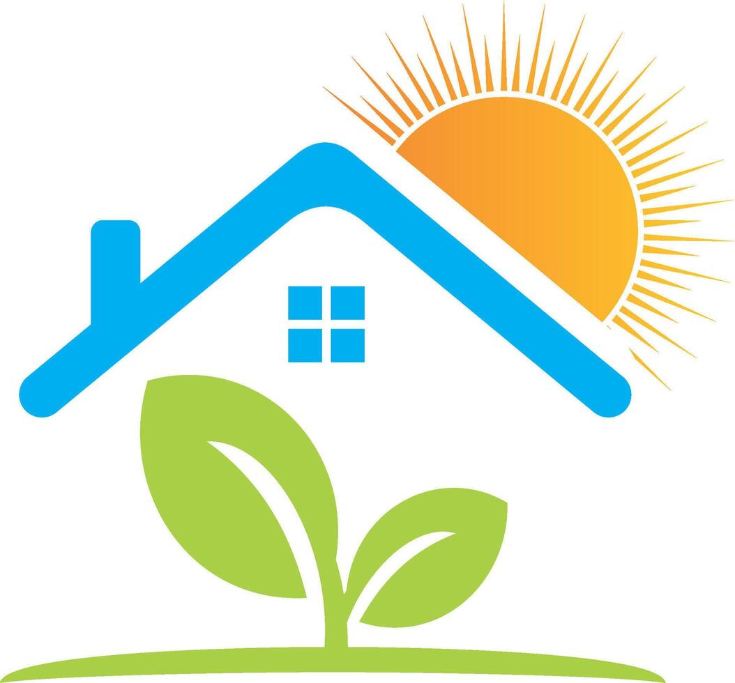 The logo for a home with a sun and plant vector