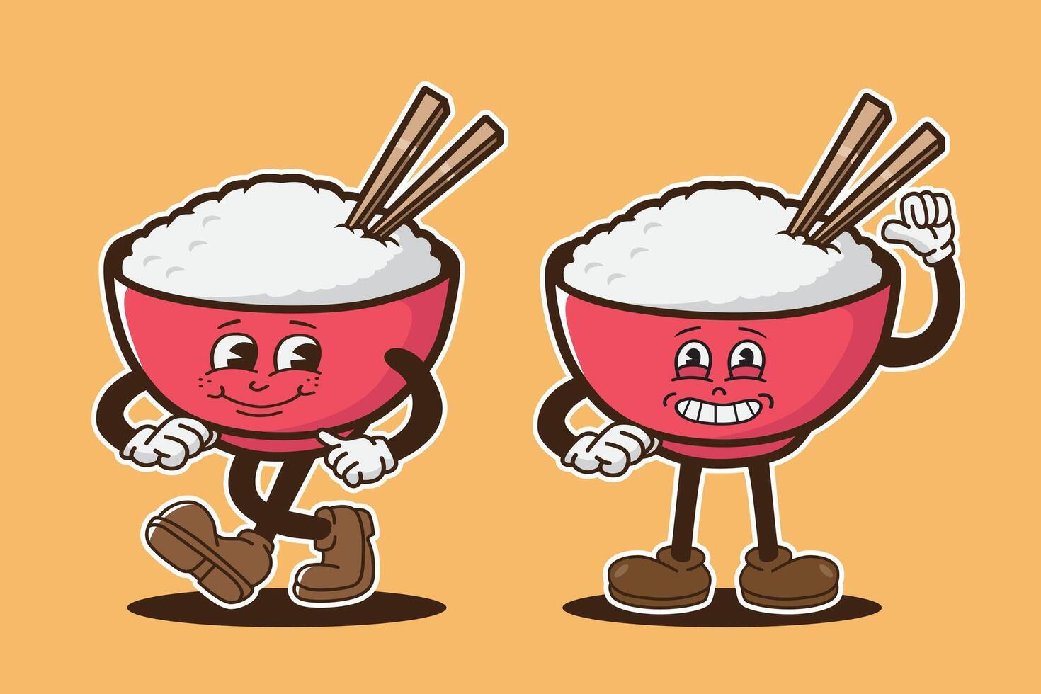 mascot character rice with bowl and chopstick, groovy character, food retro, set of vintage character vector
