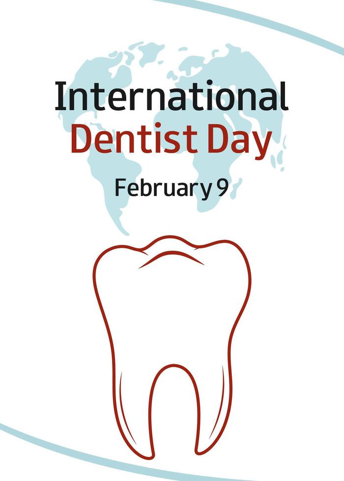 International Dentist Day. February 9. Silhouette of tooth and text on white background. Design for medical banner, greeting card, presentation, flyer. vector