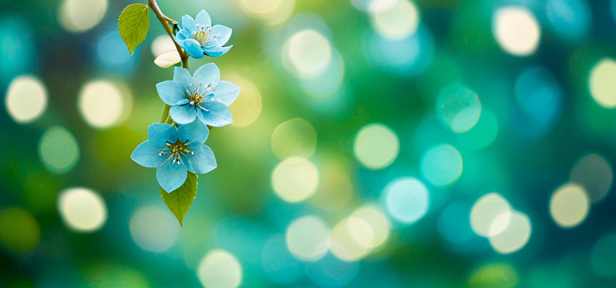 Spring background blurred in bokeh style. Delicate white blue flowers bloom on green branches, creating a tranquil spring atmosphere with soft bokeh lighting. . photo