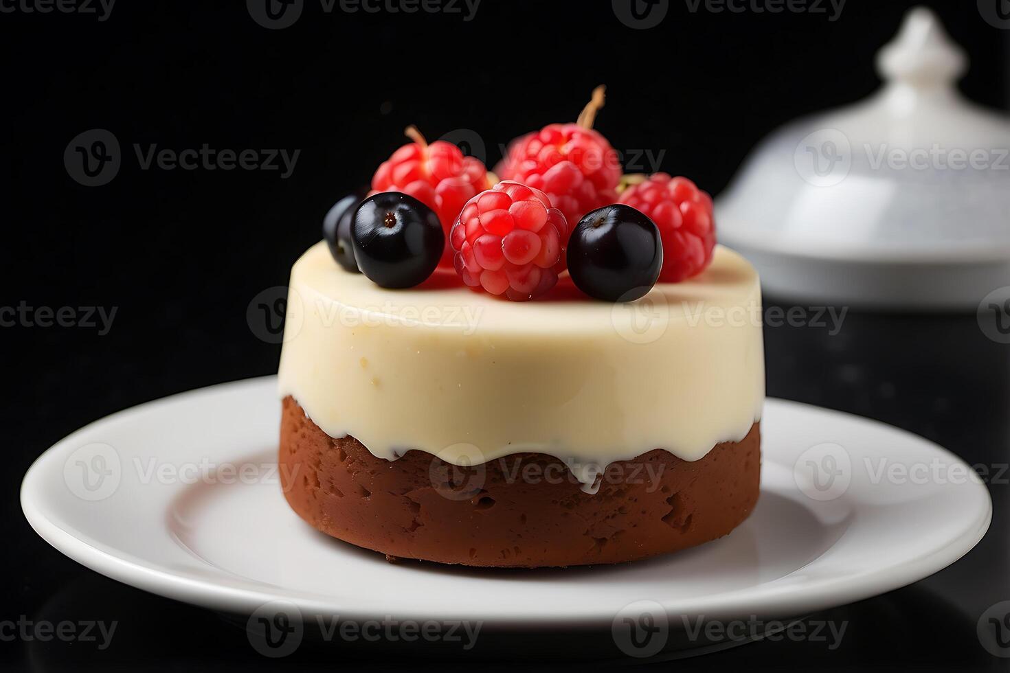 Muffin with raspberries and currants on a white plate photo
