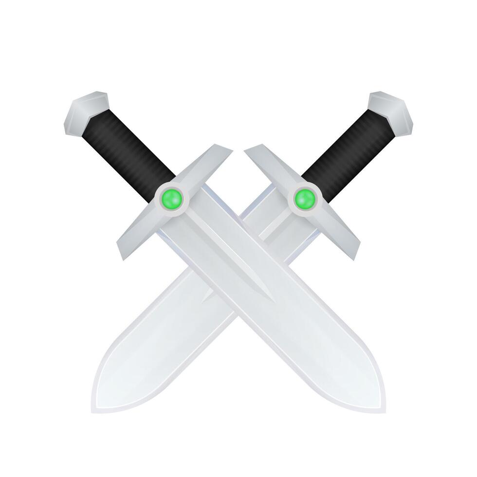 Cartoon swords with green gems in hilt on white vector