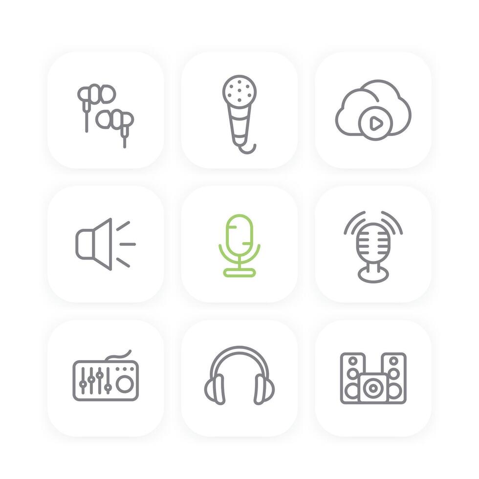 audio line icons set, sound mixer, microphones, earbuds, headphones, speakers, music in cloud, illustration vector