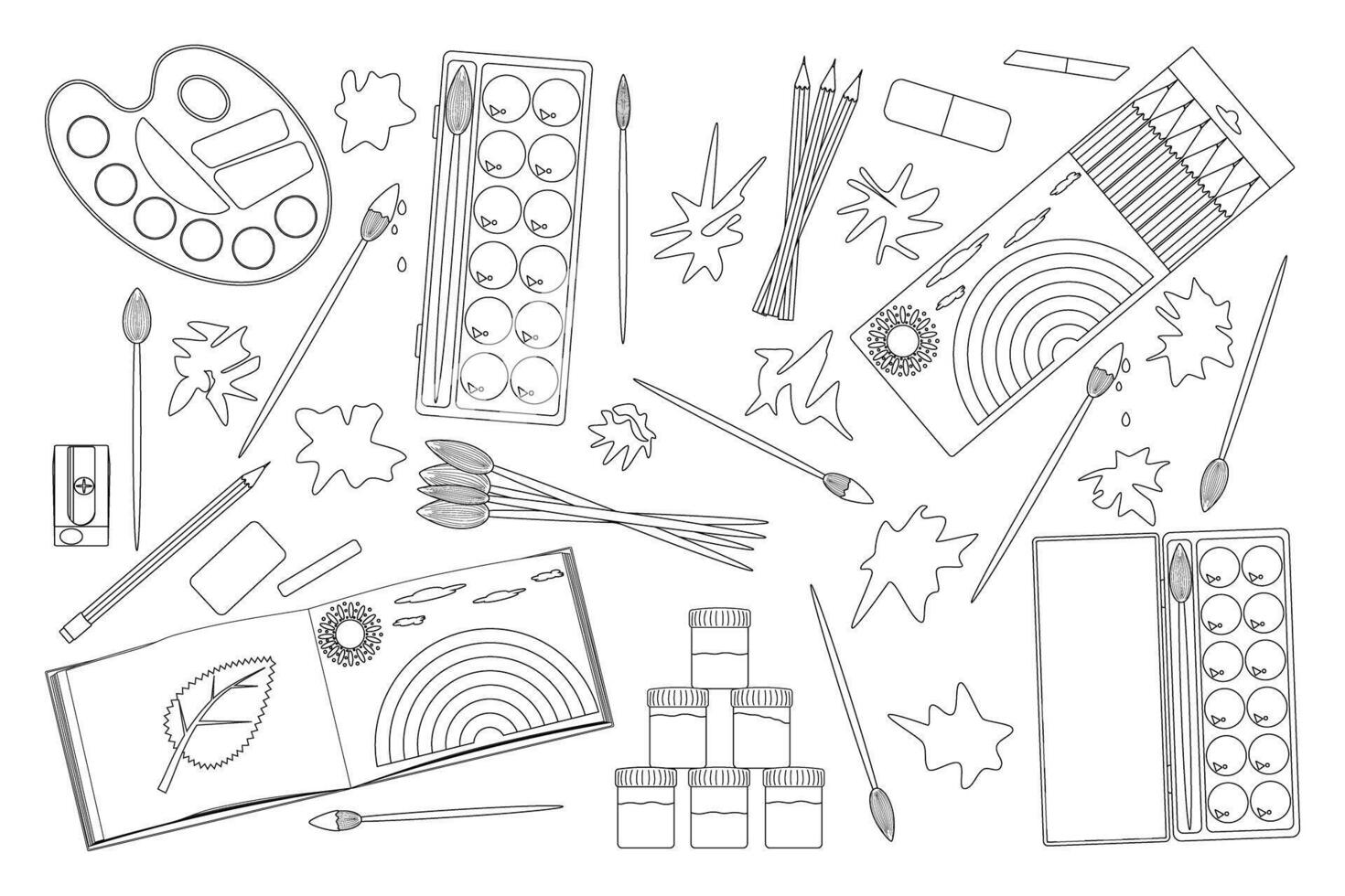 Black and white back-to-school themed coloring page featuring art supplies like pencils, brushes, and paint. Ideal for creative activities. vector