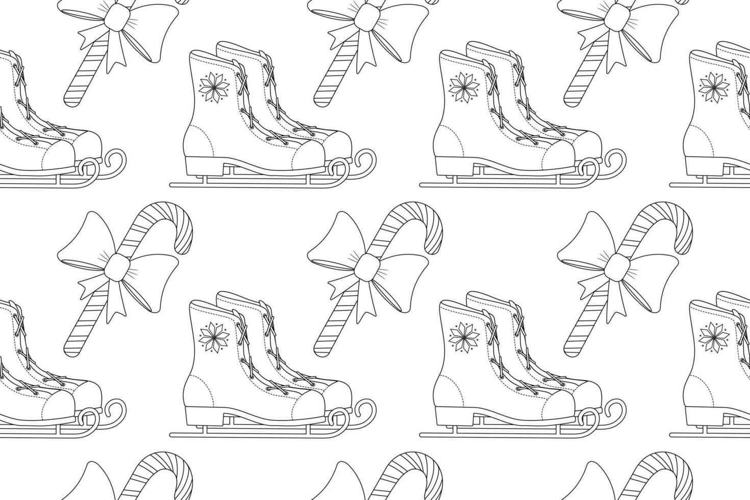 Festive Christmas pattern featuring candy canes with bows and ice skates. Perfect coloring page for the holiday season, ideal for kids and adults. vector
