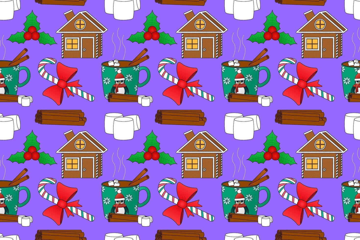 Festive seamless pattern with hot cocoa, gingerbread houses, candy canes, holly, and marshmallows on a purple background. vector