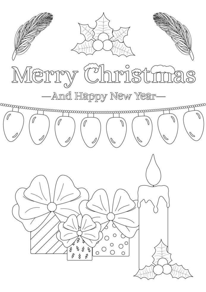 Festive Christmas greeting card design with gifts, candle, holly, and holiday wishes. Perfect as a coloring page for the holiday season. For A3 paper size. vector