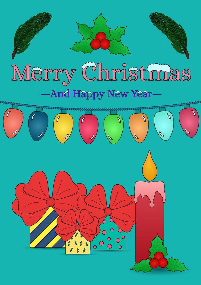 Festive Christmas and New Years Eve greeting card featuring gifts, holly, lights, and a candle. Perfect for holiday wishes. For A3 paper size. vector