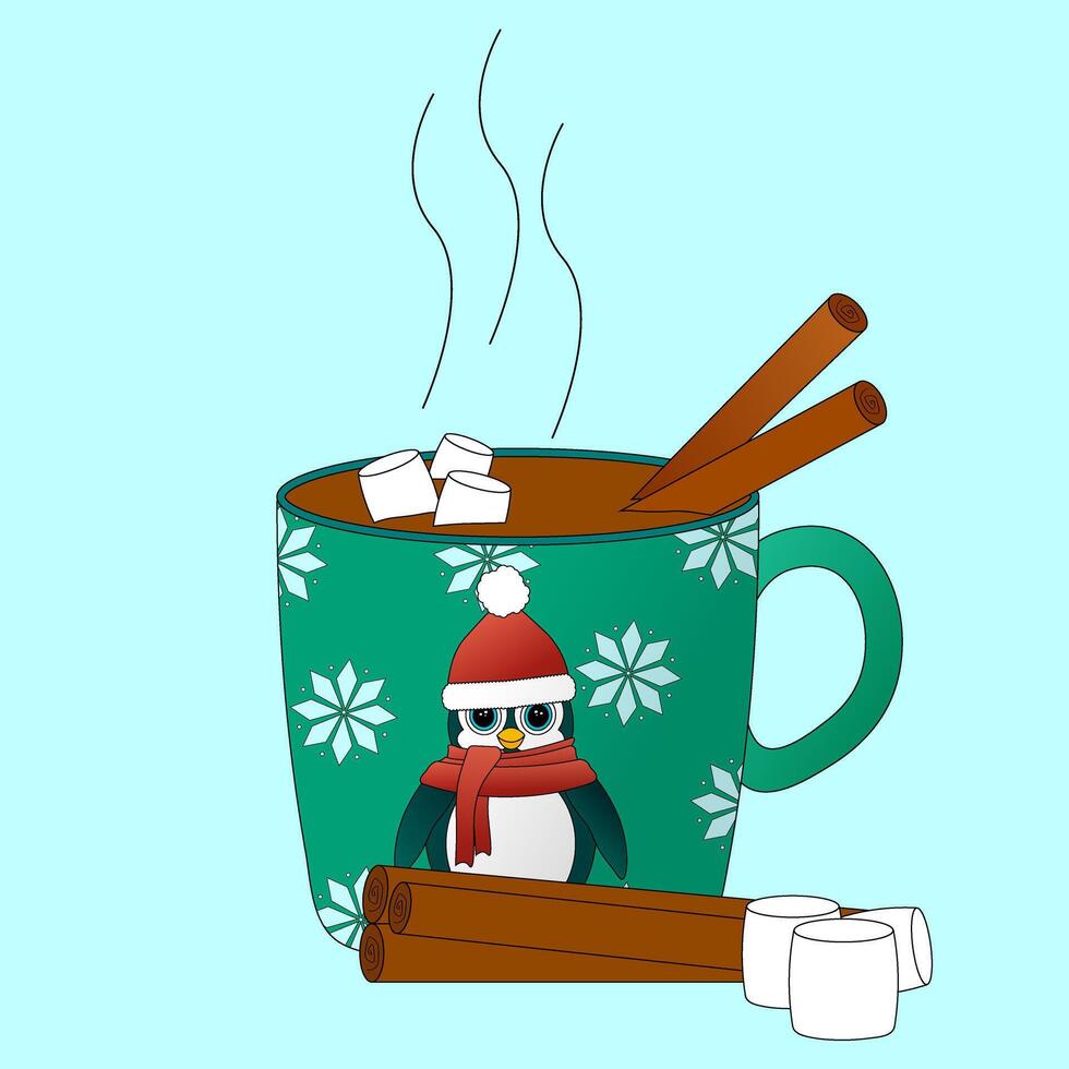 Cozy Christmas hot chocolate in a festive mug with a cute penguin, marshmallows, and cinnamon sticks. Perfect for holiday designs. vector