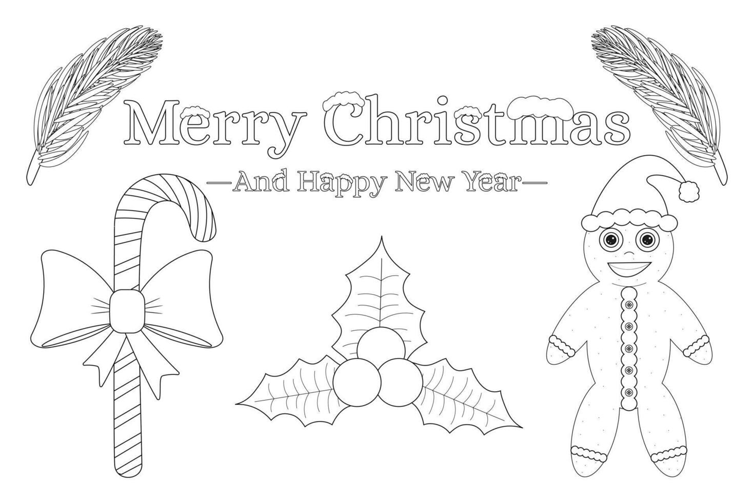 Fun holiday coloring page with a gingerbread figure, candy cane, holly, and Christmas greeting. Ideal for kids seasonal activities. vector