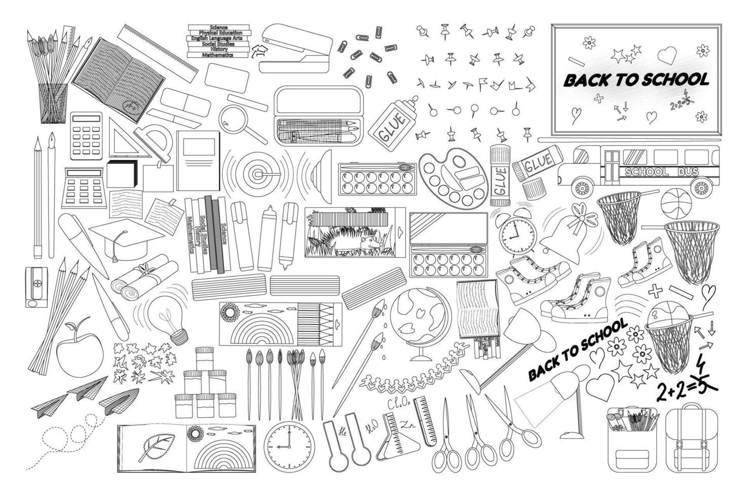 Detailed black and white back-to-school supplies coloring page with various school items for kids to color and learn. vector