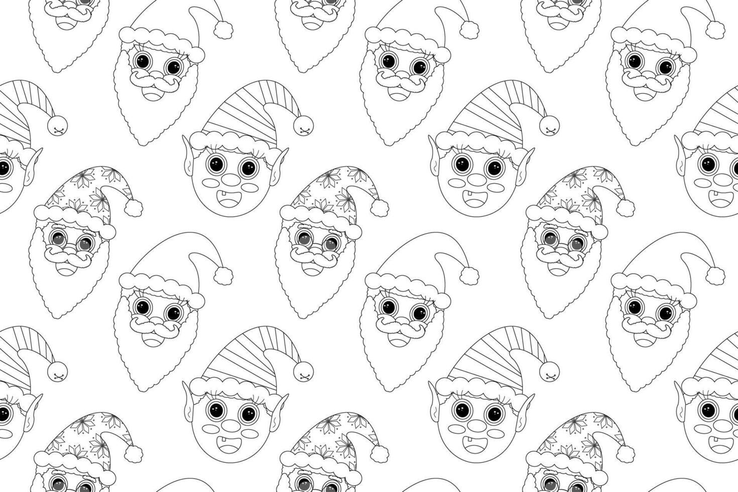 Playful Christmas pattern with Santa Claus and elf faces. Perfect for holiday-themed coloring pages and festive designs. vector