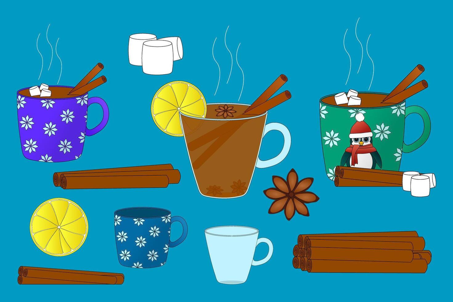 set of winter-themed hot beverages with cinnamon, lemon, marshmallows, and spices. Perfect for Christmas and New Years designs. vector