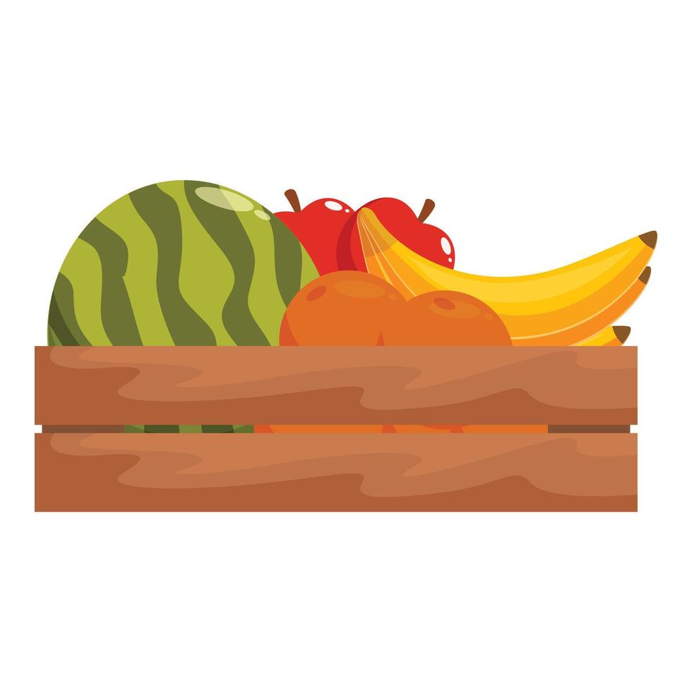Wooden crate overflowing with fresh watermelon, bananas, apples, and oranges vector
