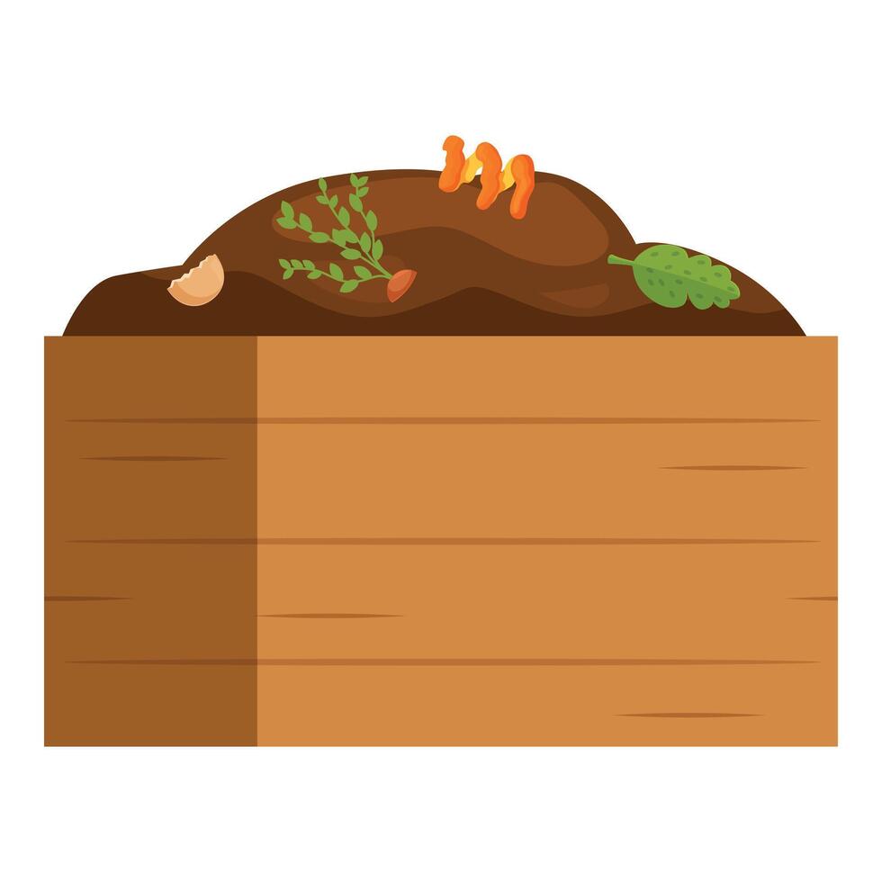 Wooden compost bin holding carrot peels, eggshells, and leaves for organic gardening vector