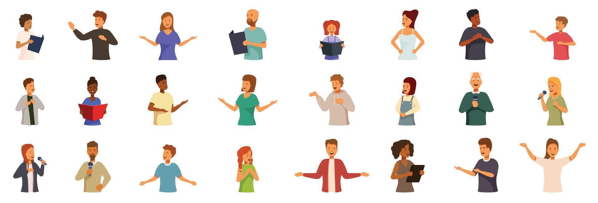 Vocal lessons icon set. Diverse group of people speaking and performing on stage vector