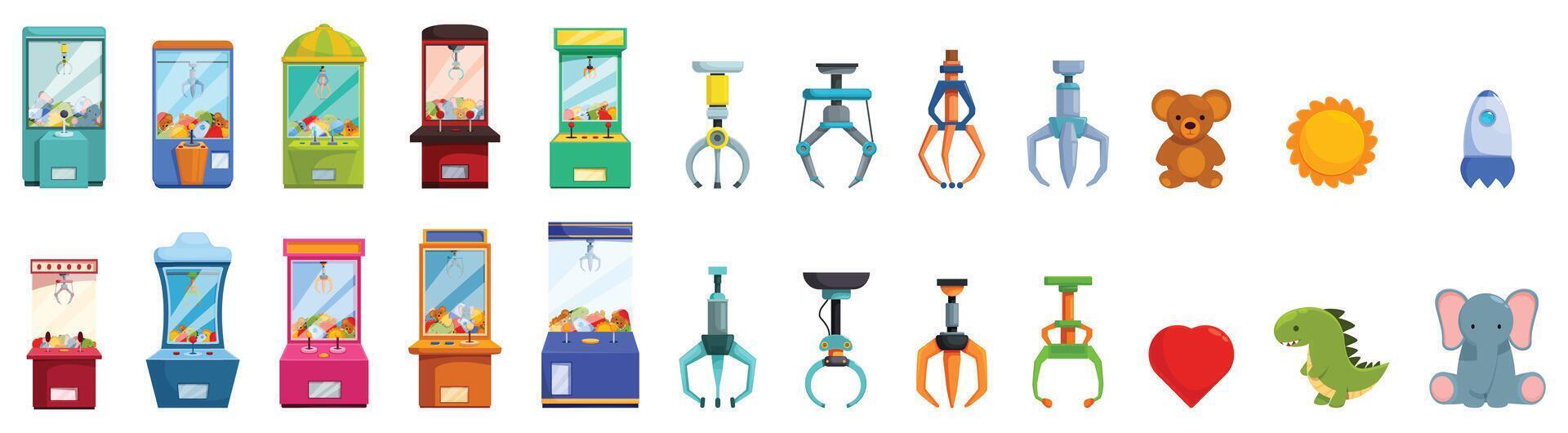 Claw machine game icon set. Claw crane machines and prizes catching toys in arcade setting vector