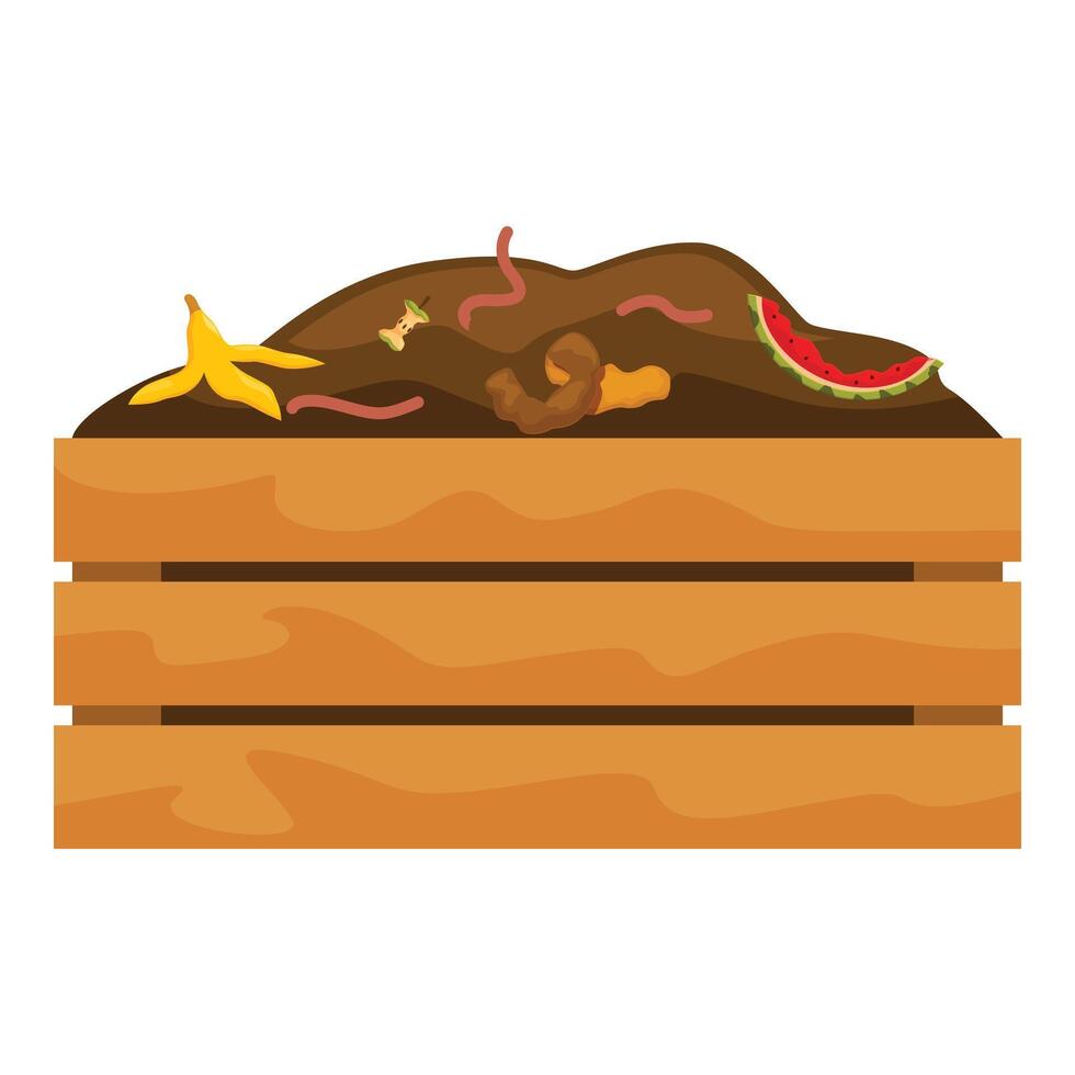 Wooden compost bin overflowing with organic waste and worms vector