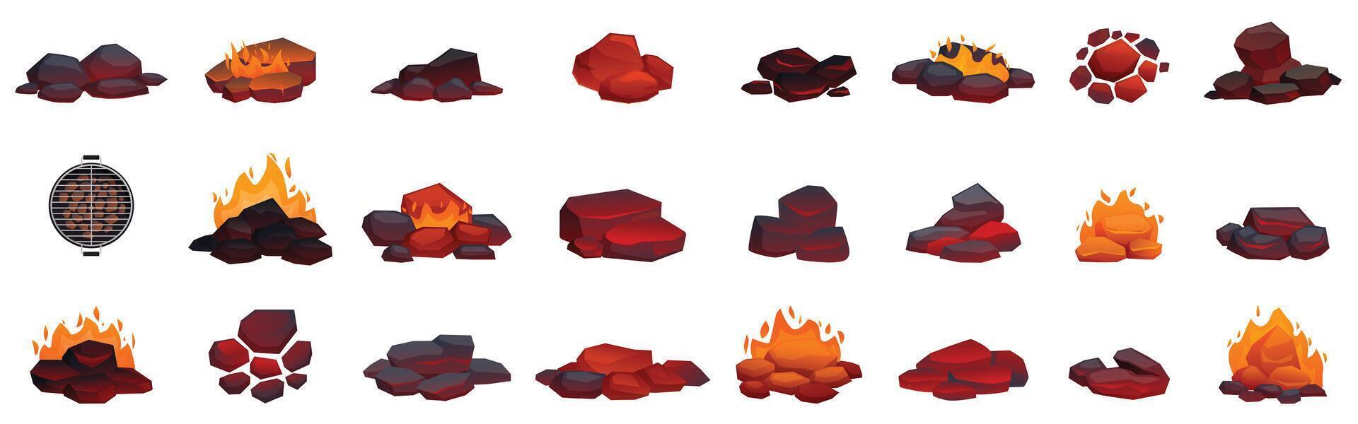 Burning coal icon set. Burning coal embers and grill for barbecue cooking vector