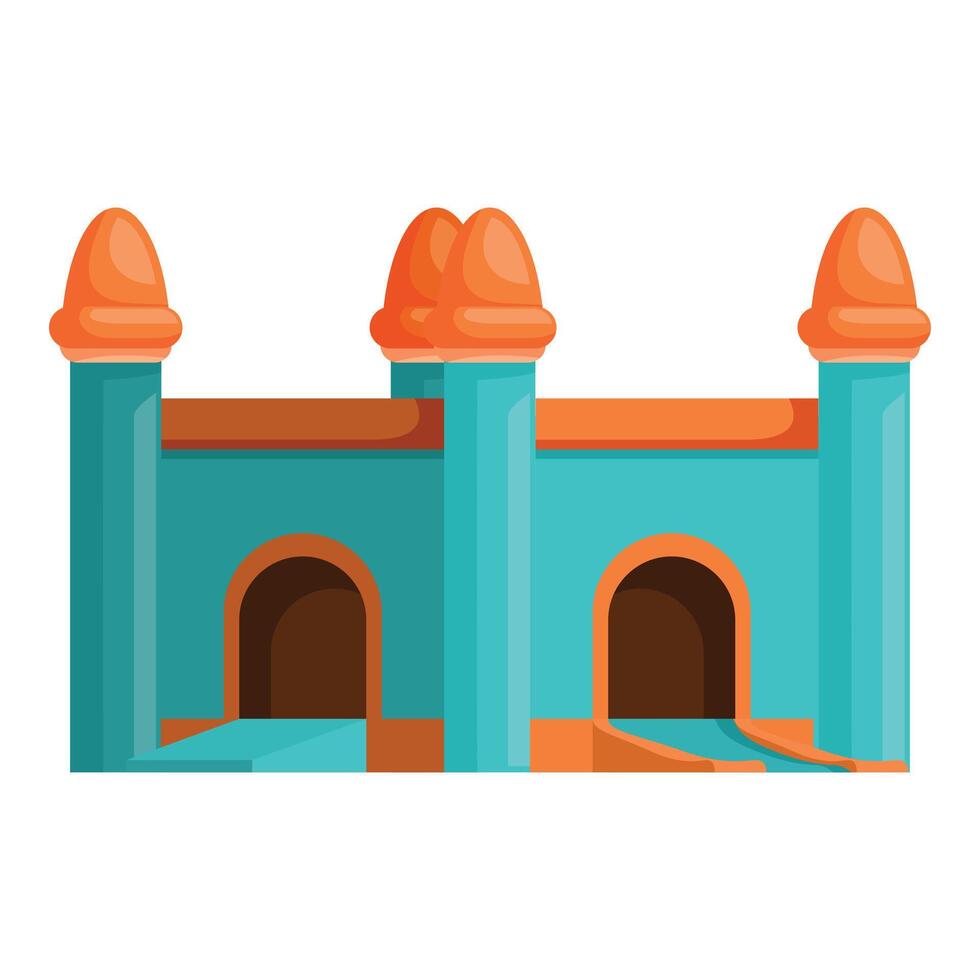 Inflatable turquoise bouncy castle featuring orange turrets and ramps for kids entertainment vector