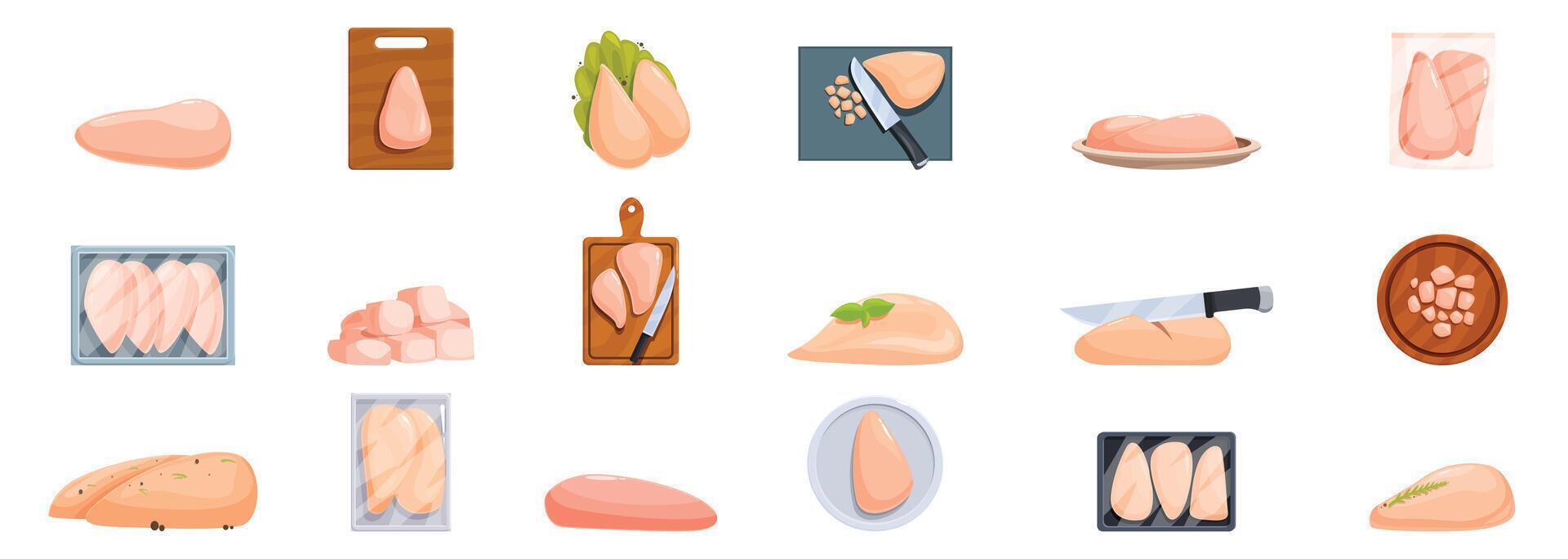 Raw chicken breast icon set. Fresh chicken fillet sliced and being prepared for cooking vector