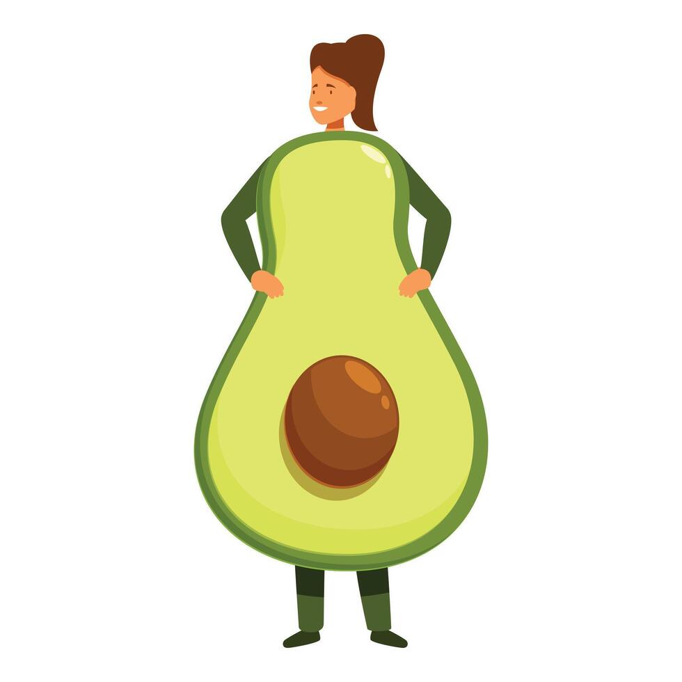 Woman wearing big ripe avocado costume smiling and posing with hands on hips vector