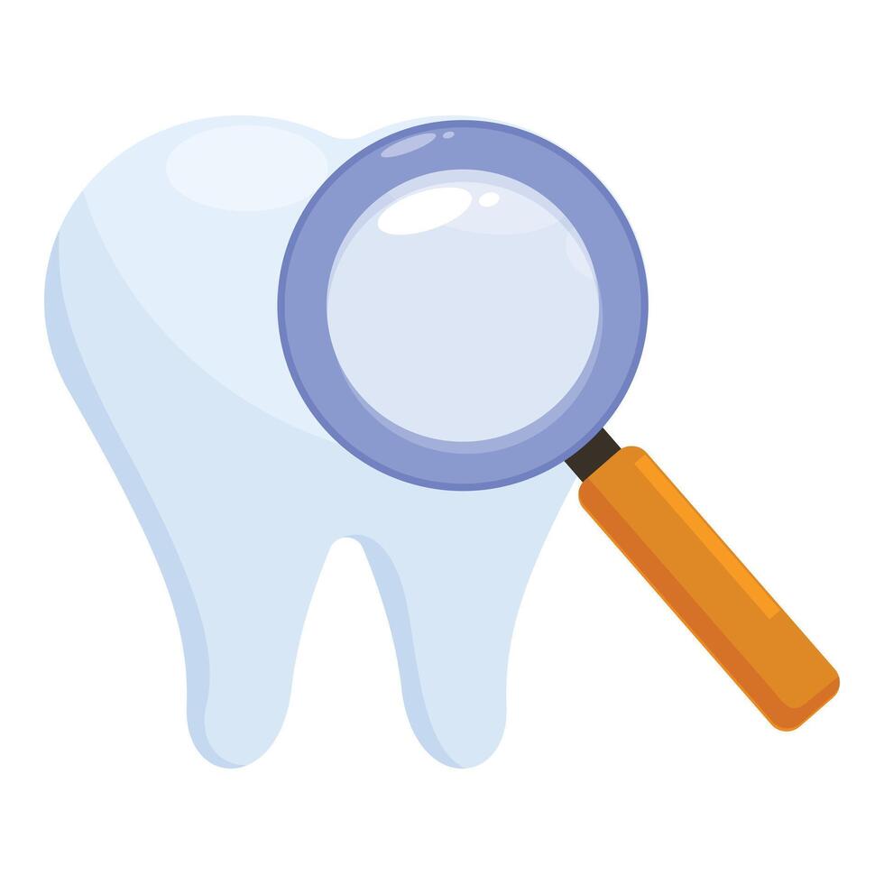 Magnifying glass examining healthy tooth promoting dental hygiene vector