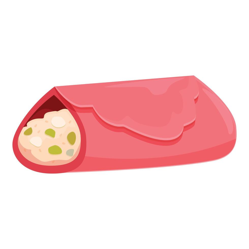 Delicious shawarma with filling wrapped in pink pita bread vector