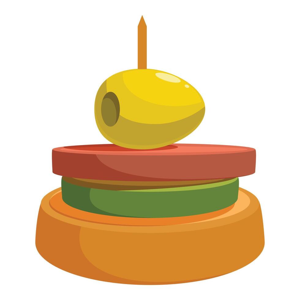 Delicious canape with olive, tomato, cucumber and bread holding by a stick vector
