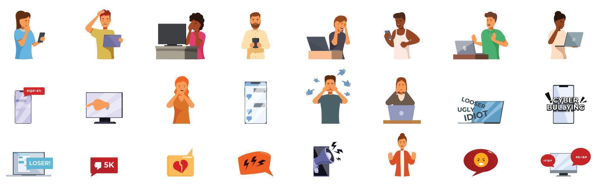 Cyber bullying harassment icon set. People experiencing cyberbullying, online harassment and internet trolling vector