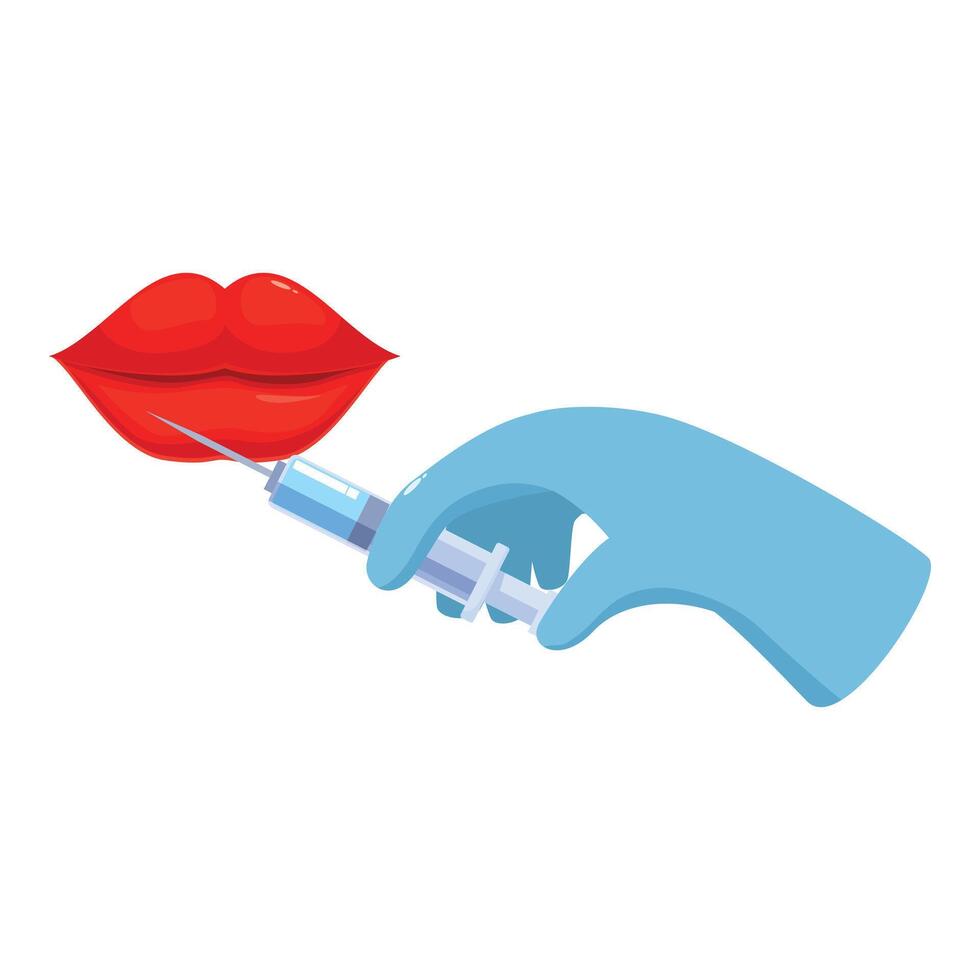 Doctor injecting lip filler into big red lips, cosmetic surgery vector