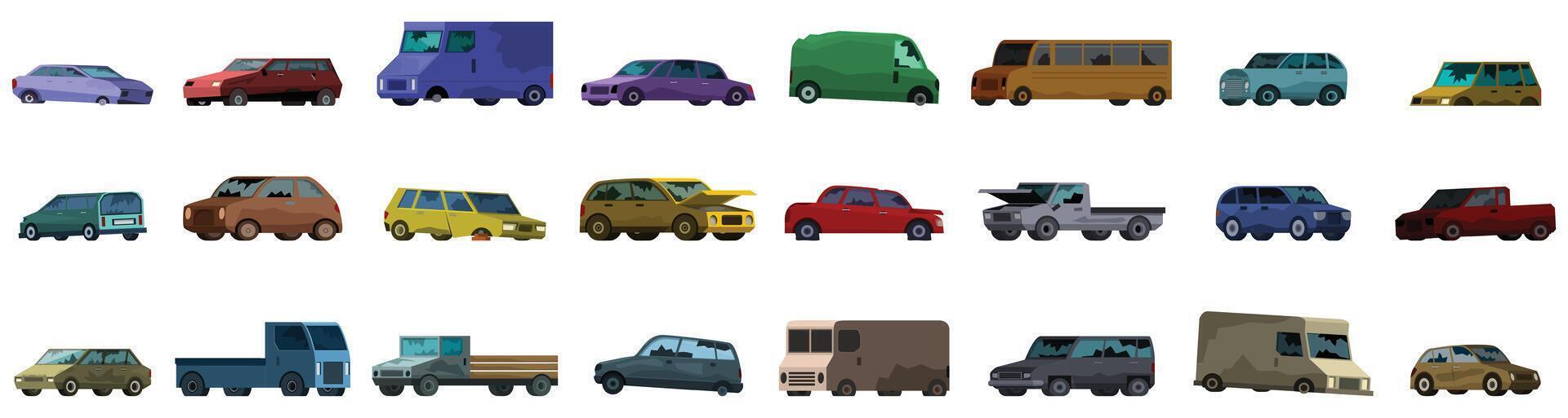 Abandoned broken car icon set. Large set of various cars and trucks driving on white background vector