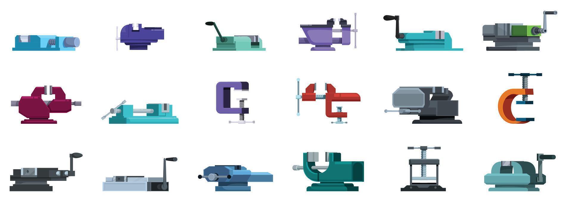 Machine vice icon set. Different bench vises holding objects firmly for various applications vector