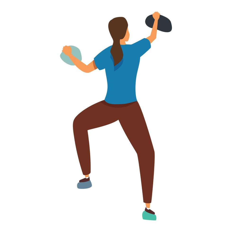 Female climber ascending wall using climbing holds, rear view vector