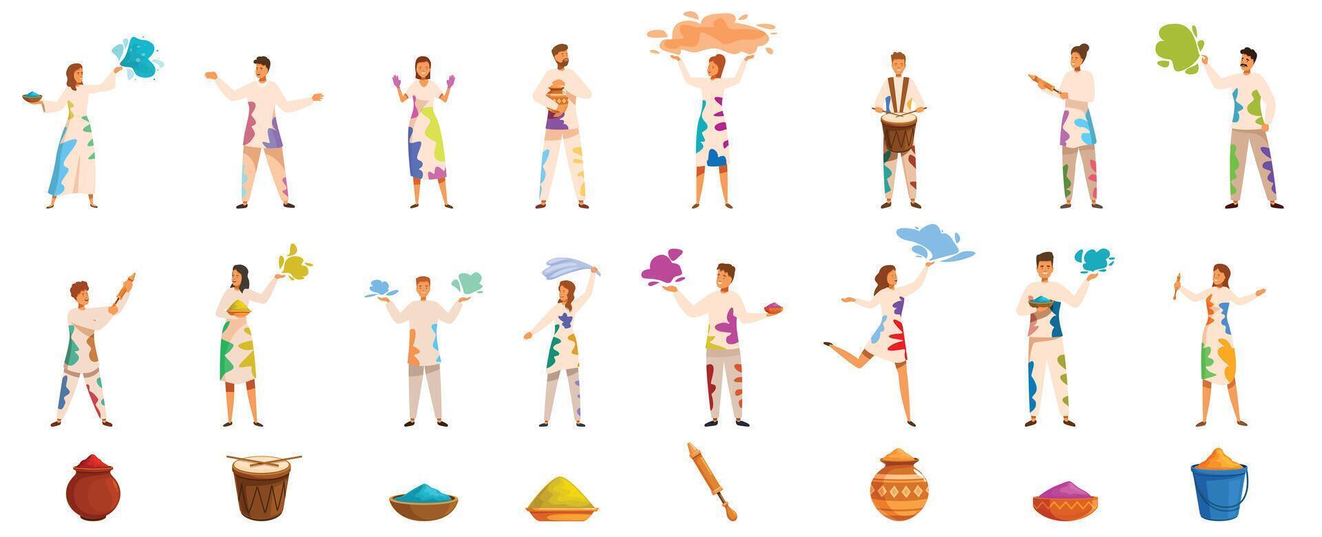 Holi powder paints icon set. People celebrating holi festival throwing colorful powder and playing drums vector