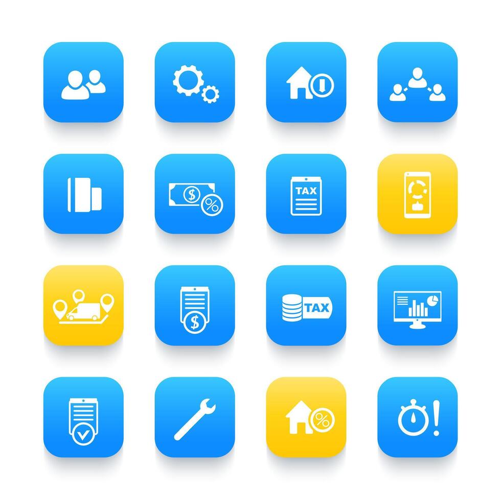 16 finance, costs, payroll, invoice, bill icons on rounded square shapes, illustration vector