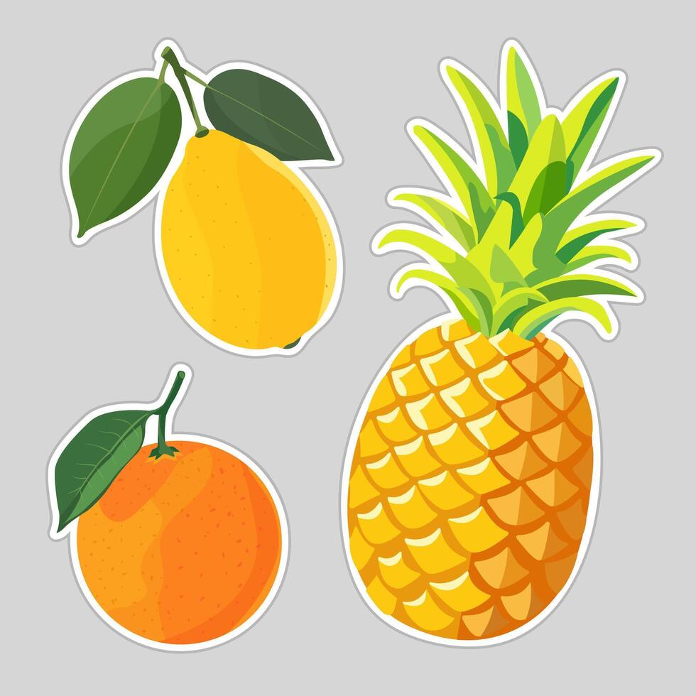 Tropical set Pineapple, lemon and orange. Isolated illustration on white background. image vector